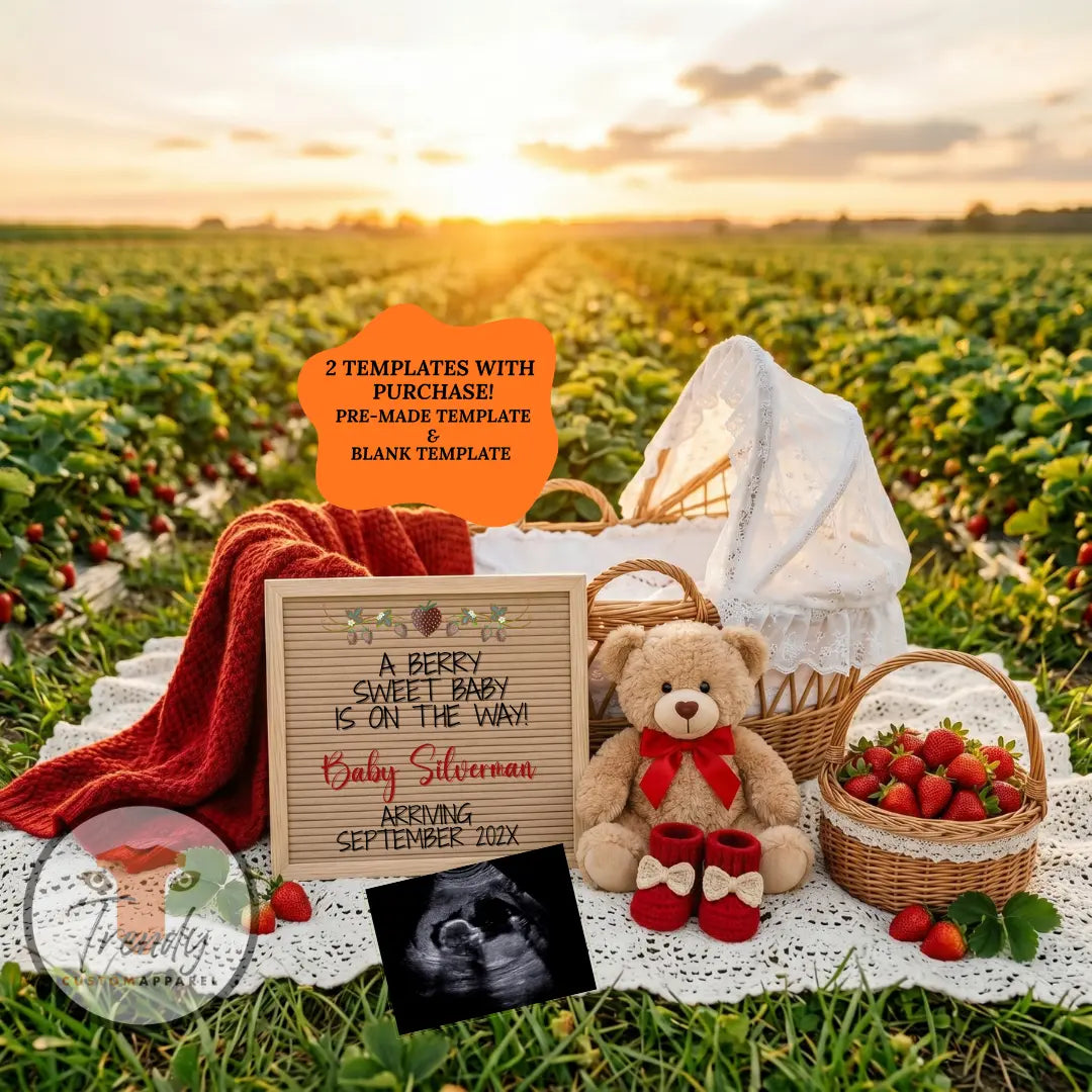 Digital Pregnancy Announcement, A Berry Sweet Baby Is Due, Customizable Strawberry Themed, Editable Details Template TrendyCustomApparel™