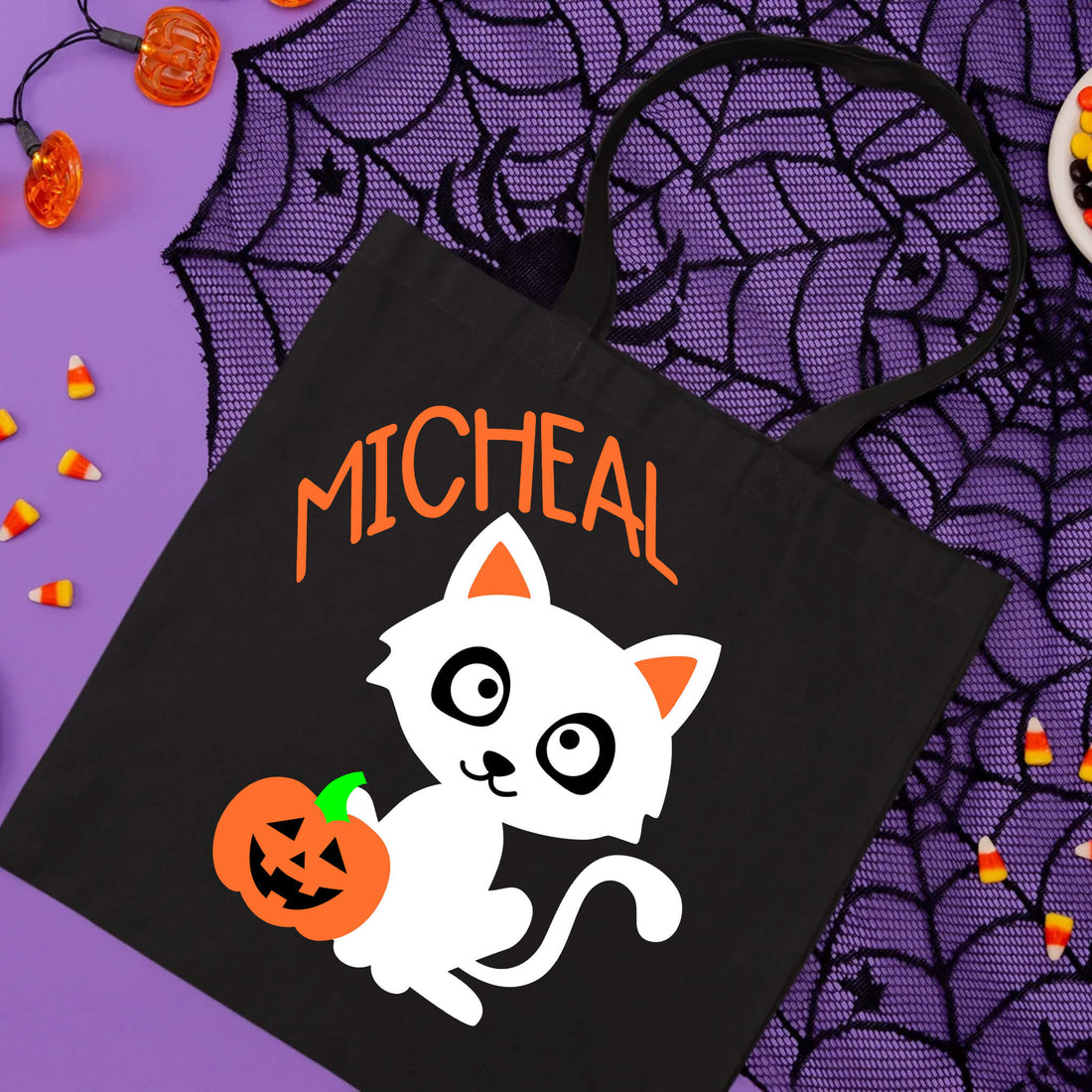 Halloween Personalized Name Kids Cute Cat Trick or Treat Candy Large Tote Bag