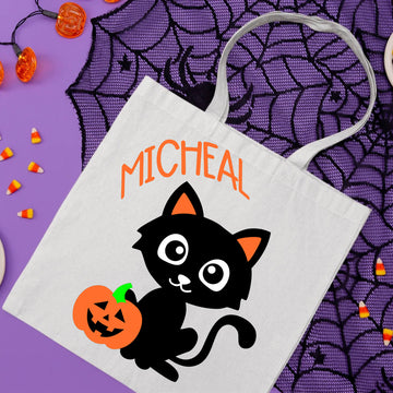 Halloween Personalized Name Kids Cute Cat Trick or Treat Candy Large Tote Bag