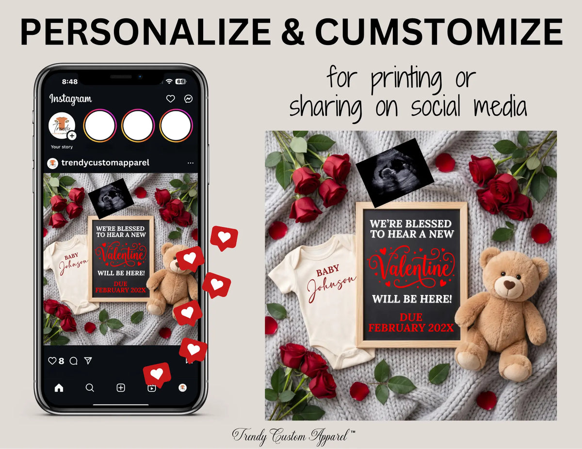 Valentine's Day Pregnancy Announcement Template, Blessed Baby, Canva Editable, Gender Neutral, Instant Digital Download TrendyCustomApparel™