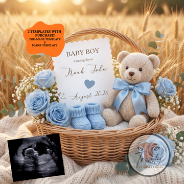 Blue Rose Baby Boy Pregnancy Announcement Template | Rustic Boho Editable Digital Download