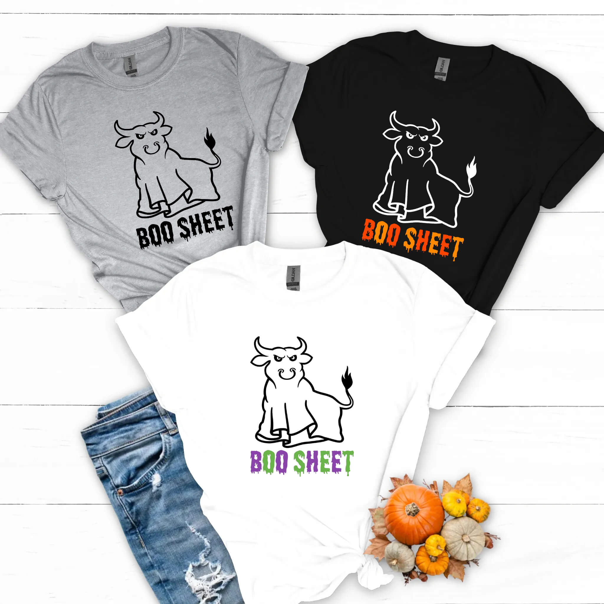 Halloween Funny Bull Boo Sheet Unisex Graphic Print T-Shirt