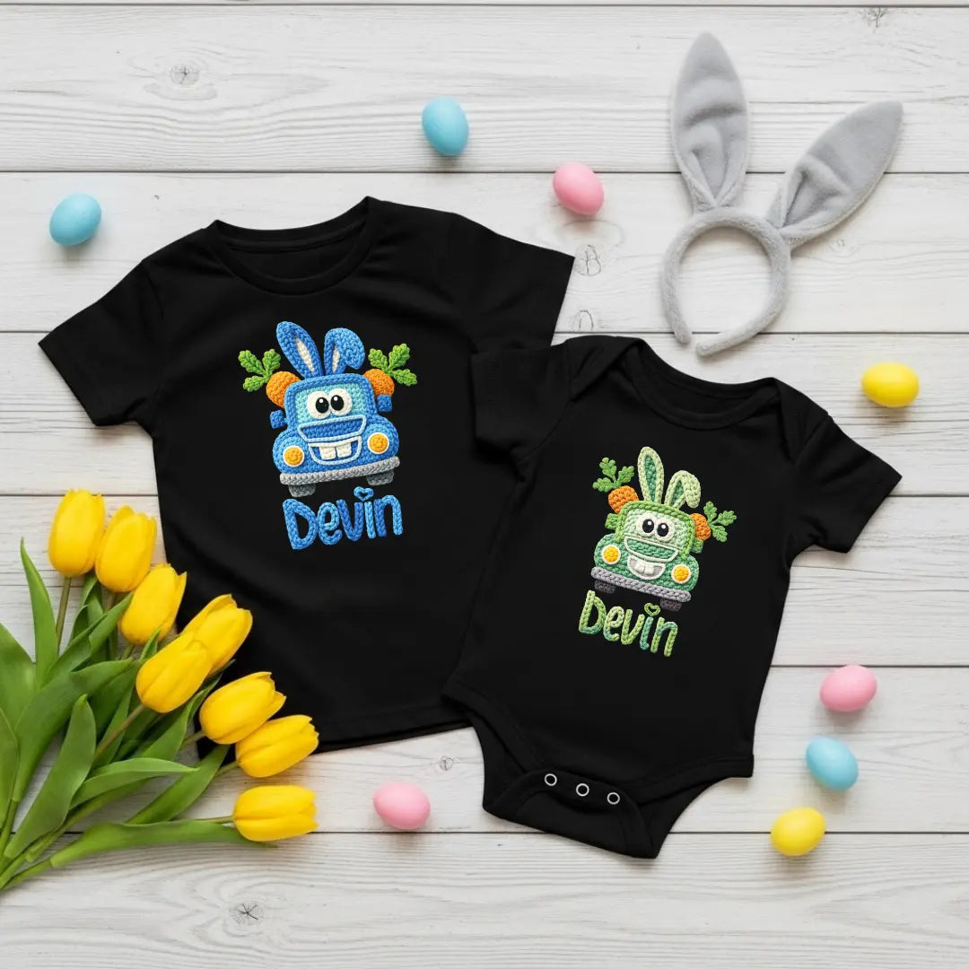 Cute Easter Truck Faux Yarn, Boy's Customizable Easter Shirts, Easter Hunt Baby Onesie, Happy Easter Tee’s TrendyCustomApparel™