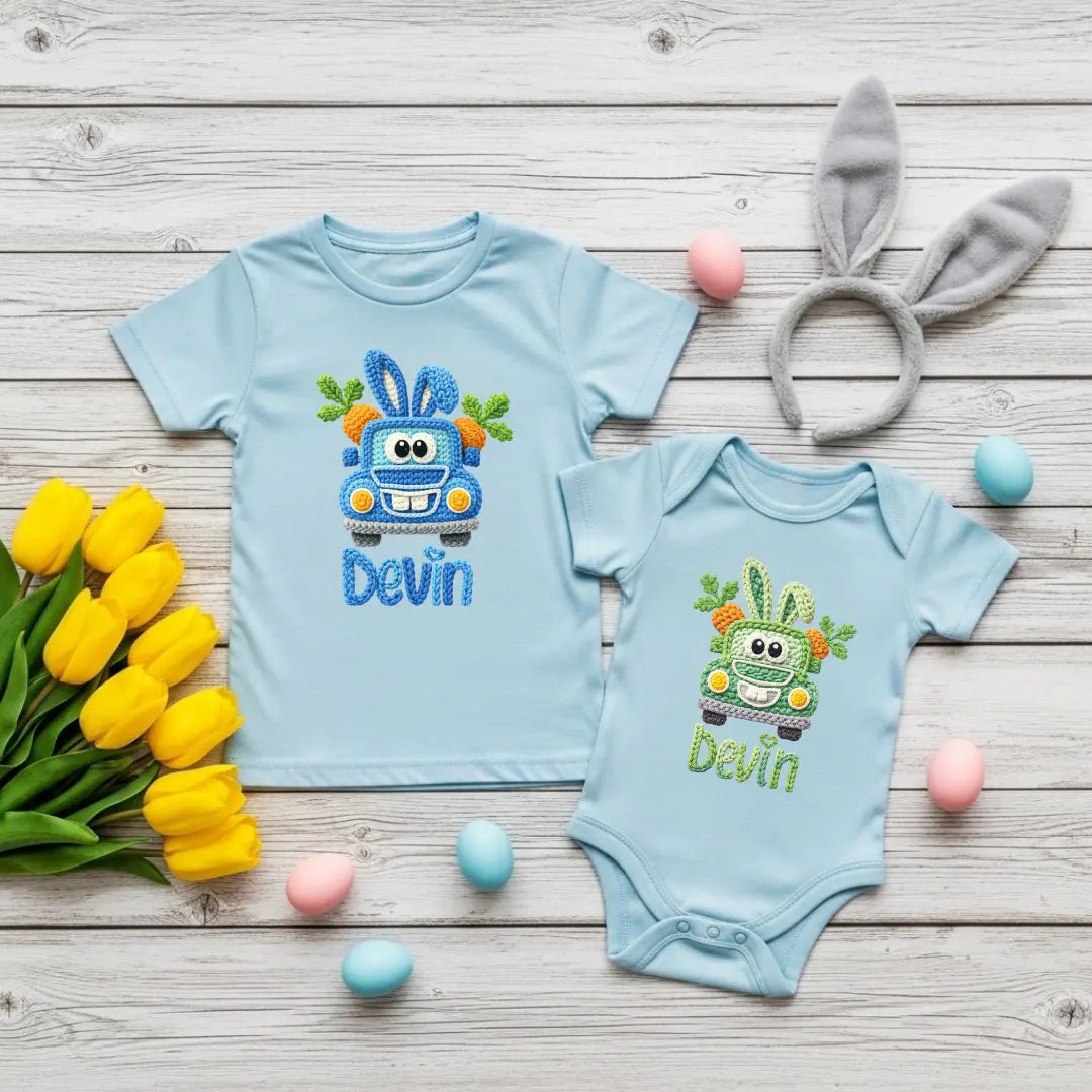 Cute Easter Truck Faux Yarn, Boy's Customizable Easter Shirts, Easter Hunt Baby Onesie, Happy Easter Tee’s TrendyCustomApparel™