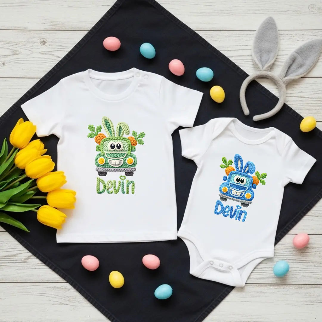 Cute Easter Truck Faux Yarn, Boy's Customizable Easter Shirts, Easter Hunt Baby Onesie, Happy Easter Tee’s TrendyCustomApparel™