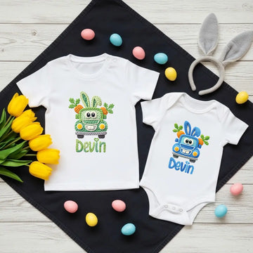 Cute Easter Truck Faux Yarn, Boy's Customizable Easter Shirts, Easter Hunt Baby Onesie, Happy Easter Tee’s TrendyCustomApparel™