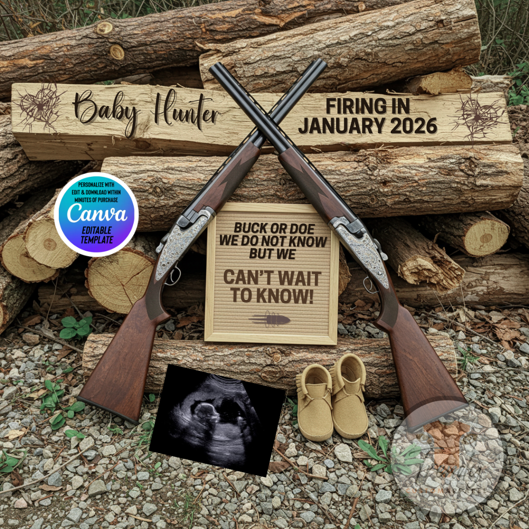 Two crossed shotguns on logs with baby announcement signs editable in Canva.