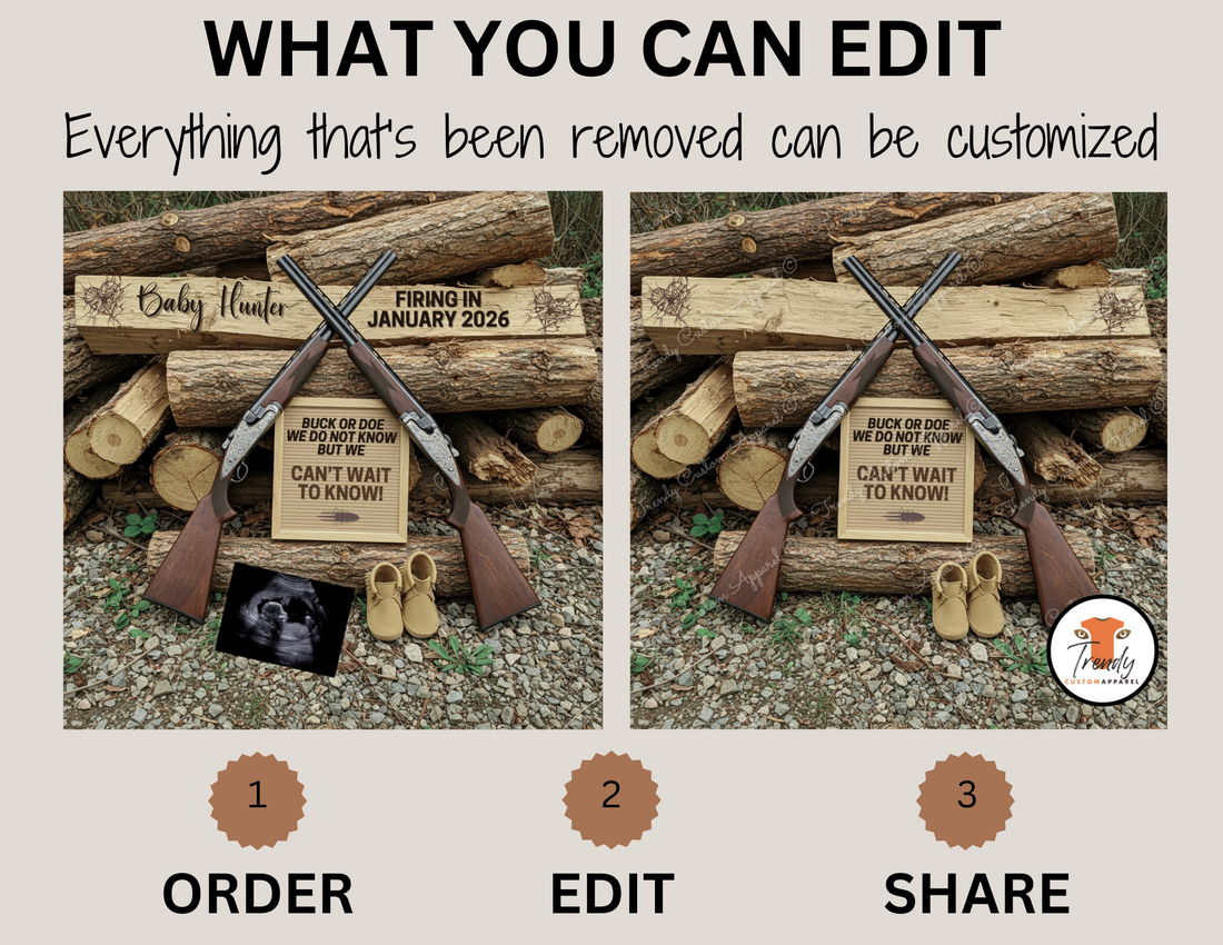 Two crossed shotguns on logs with baby announcement signs editable in Canva.