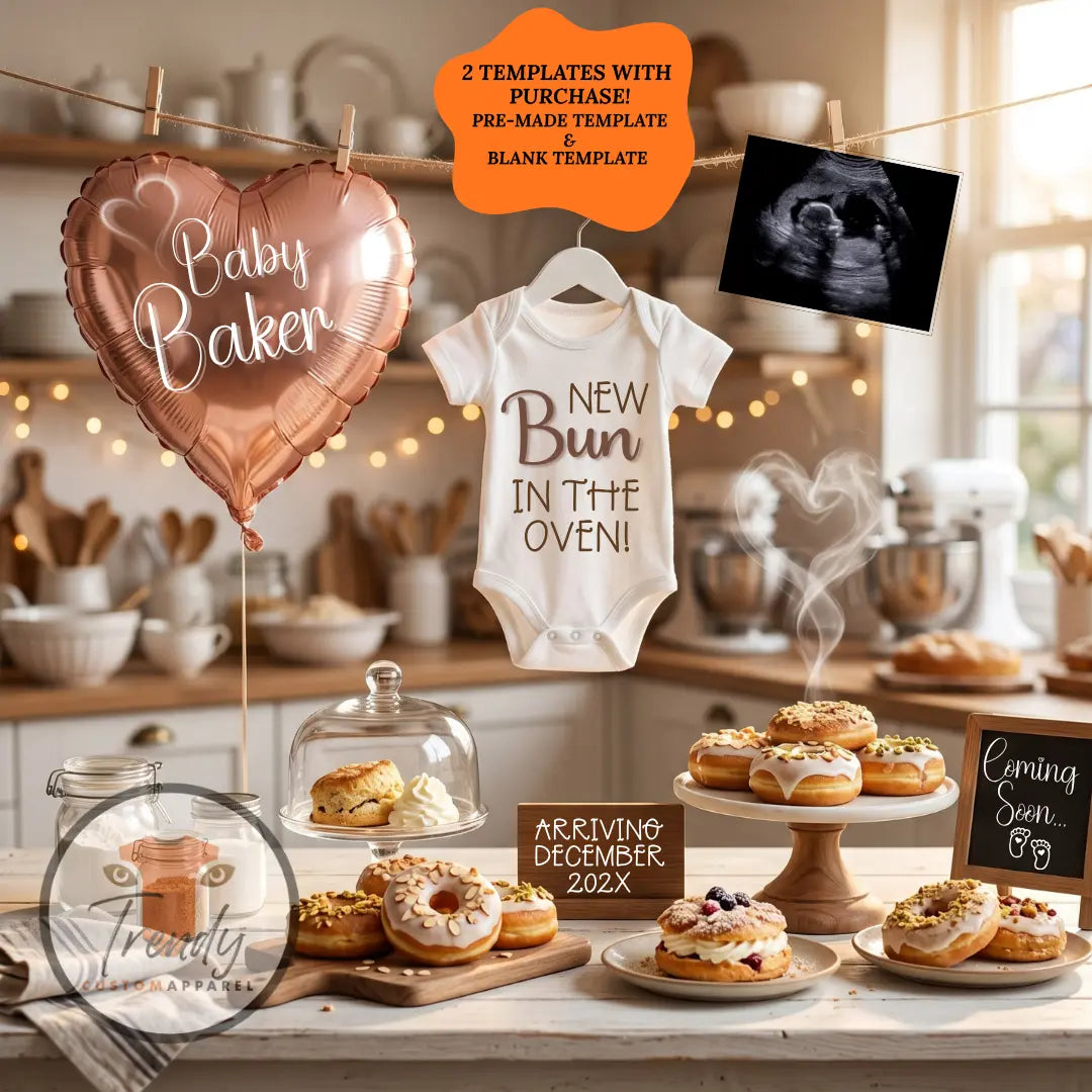 Bun in the Oven Baby Reveal Digital Editable Template, Canva Customizable TrendyCustomApparel™