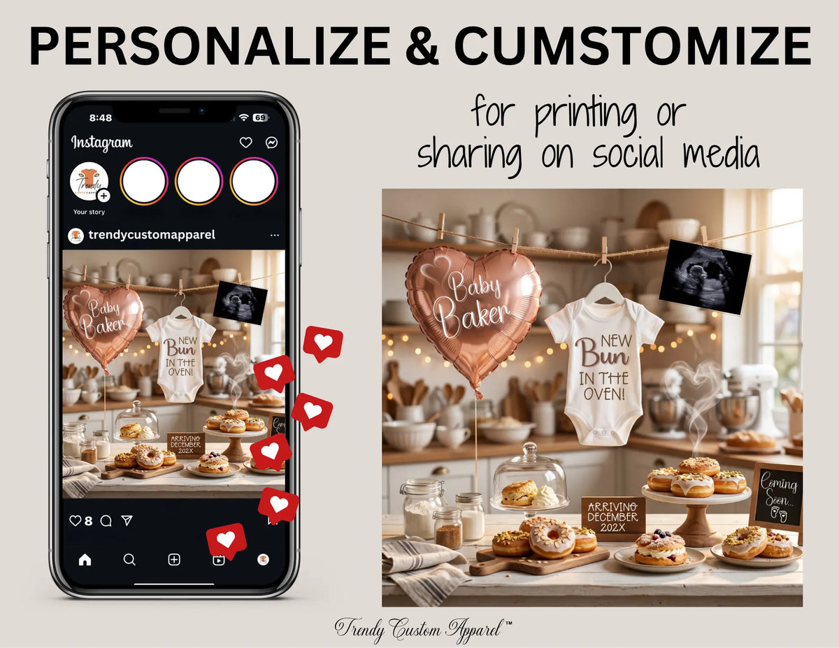 Bun in the Oven Baby Reveal Digital Editable Template, Canva Customizable TrendyCustomApparel™