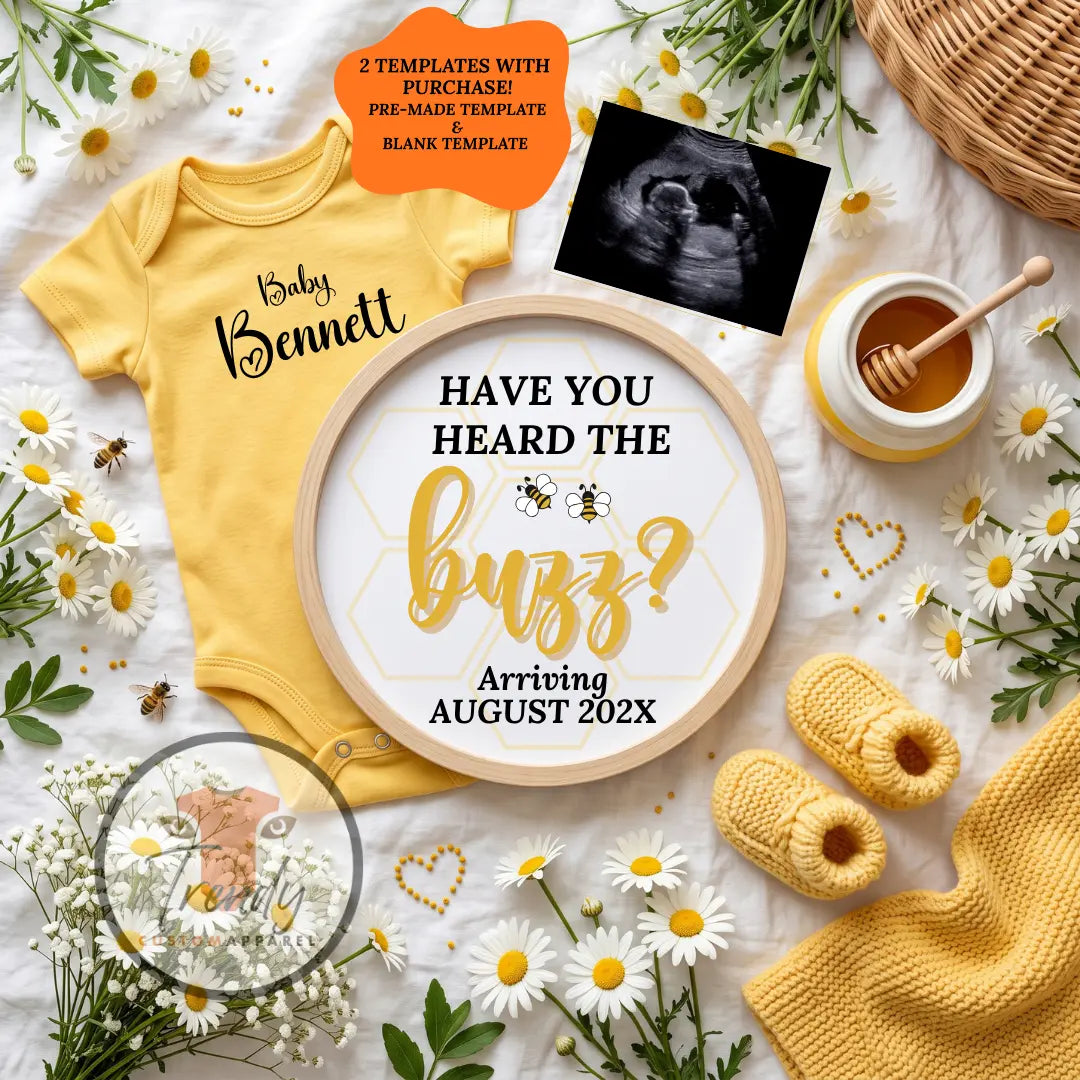 Have You Heard the Buzz? Honey Bee Pregnancy Announcement Template | Fully Editable Digital Download TrendyCustomApparel™