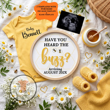 Have You Heard the Buzz? Honey Bee Pregnancy Announcement Template | Fully Editable Digital Download TrendyCustomApparel™