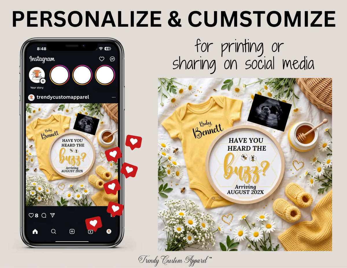 Have You Heard the Buzz? Honey Bee Pregnancy Announcement Template | Fully Editable Digital Download TrendyCustomApparel™