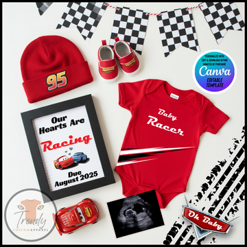 Digital Pregnancy Announcement, Our Hearts Are Racing, Customizable Disney Cars Themed, Personalized Editable Template