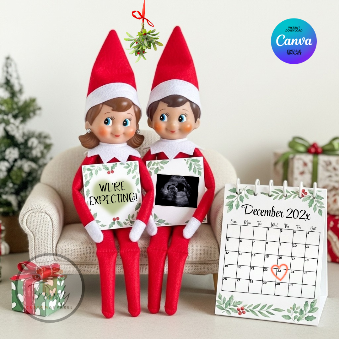 Digital Christmas Pregnancy Announcement, We're Expecting Customizable Elf On The Shelf Themed, Personalized Editable Template TrendyCustomApparel™