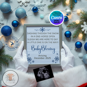 Digital Christmas Pregnancy Announcement, A Little One is on the Way, Customizable Blue Winter Themed, Personalized Editable Template