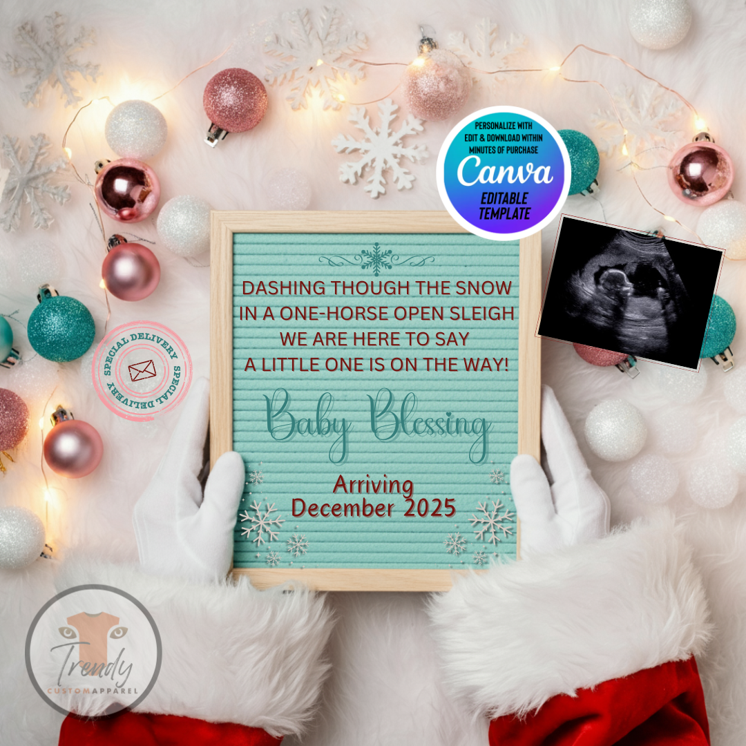 Digital Christmas Pregnancy Announcement, A Little One is on the Way, Customizable Mint Winter Themed, Personalized Editable Template