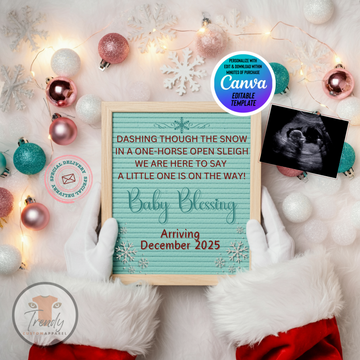 Digital Christmas Pregnancy Announcement, A Little One is on the Way, Customizable Mint Winter Themed, Personalized Editable Template