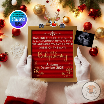 Digital Christmas Pregnancy Announcement, A Little One is on the Way, Customizable Red Winter Themed, Personalized Editable Template