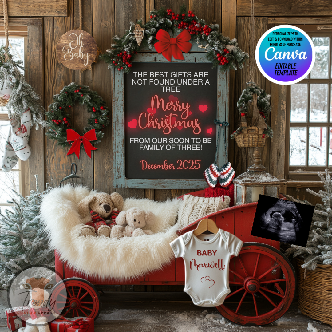 Digital Christmas Pregnancy Announcement, Soon to be Family of Three, Customizable Winter Themed, Personalized Editable Template