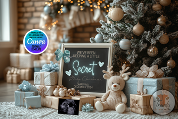 Digital Christmas Pregnancy Announcement, We’ve Been Keeping a Little Secret, Customizable Winter Themed, Personalized Editable Template