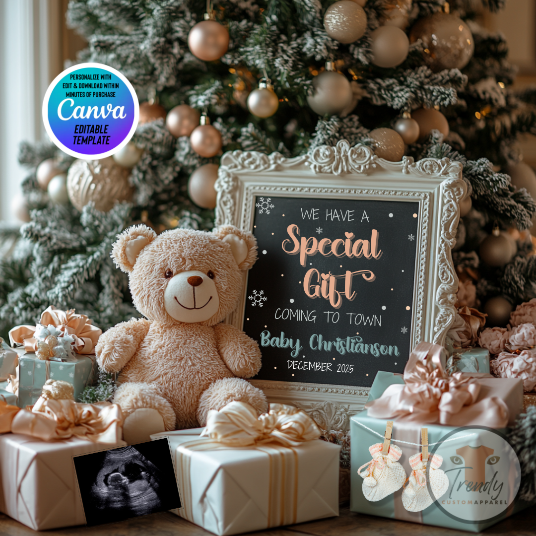 Digital Christmas Pregnancy Announcement, We Have A Special Gift, Customizable Winter Themed, Personalized Editable Template