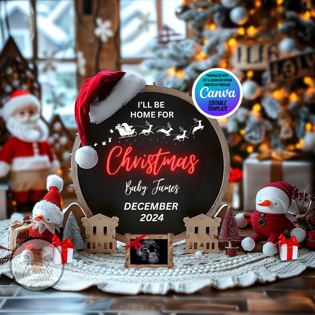 Digital Christmas Pregnancy Announcement, I'll Be Home For Christmas, Customizable Winter Themed, Personalized Editable Template