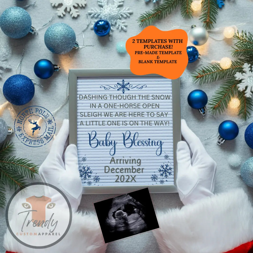 Digital Christmas Pregnancy Announcement, A Little One is on the Way, Customizable Blue Winter Themed, Editable Details Template TrendyCustomApparel™