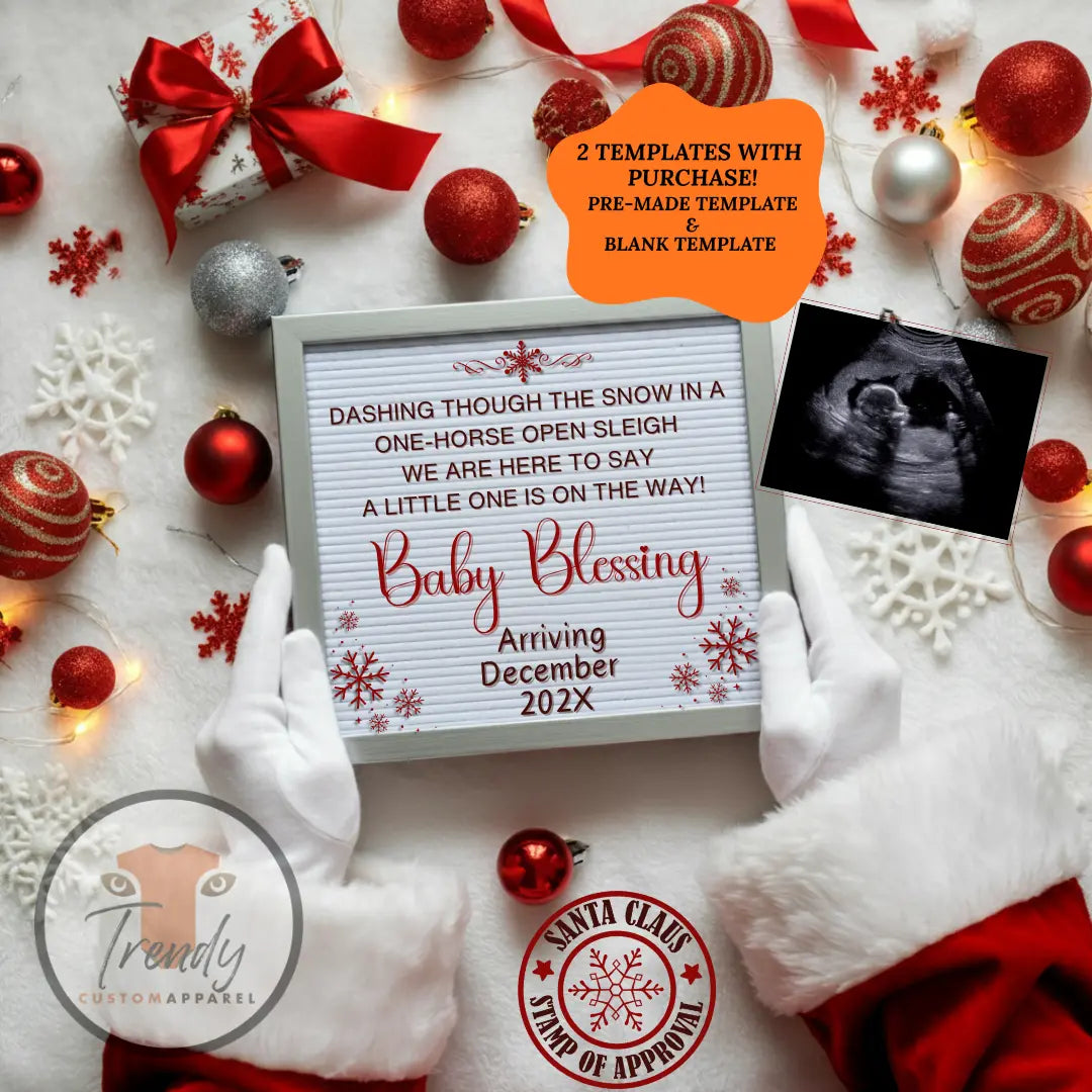 Digital Christmas Pregnancy Announcement, A Little One ison the Way, Customizable Gold Winter Themed, Editable Details Template TrendyCustomApparel™