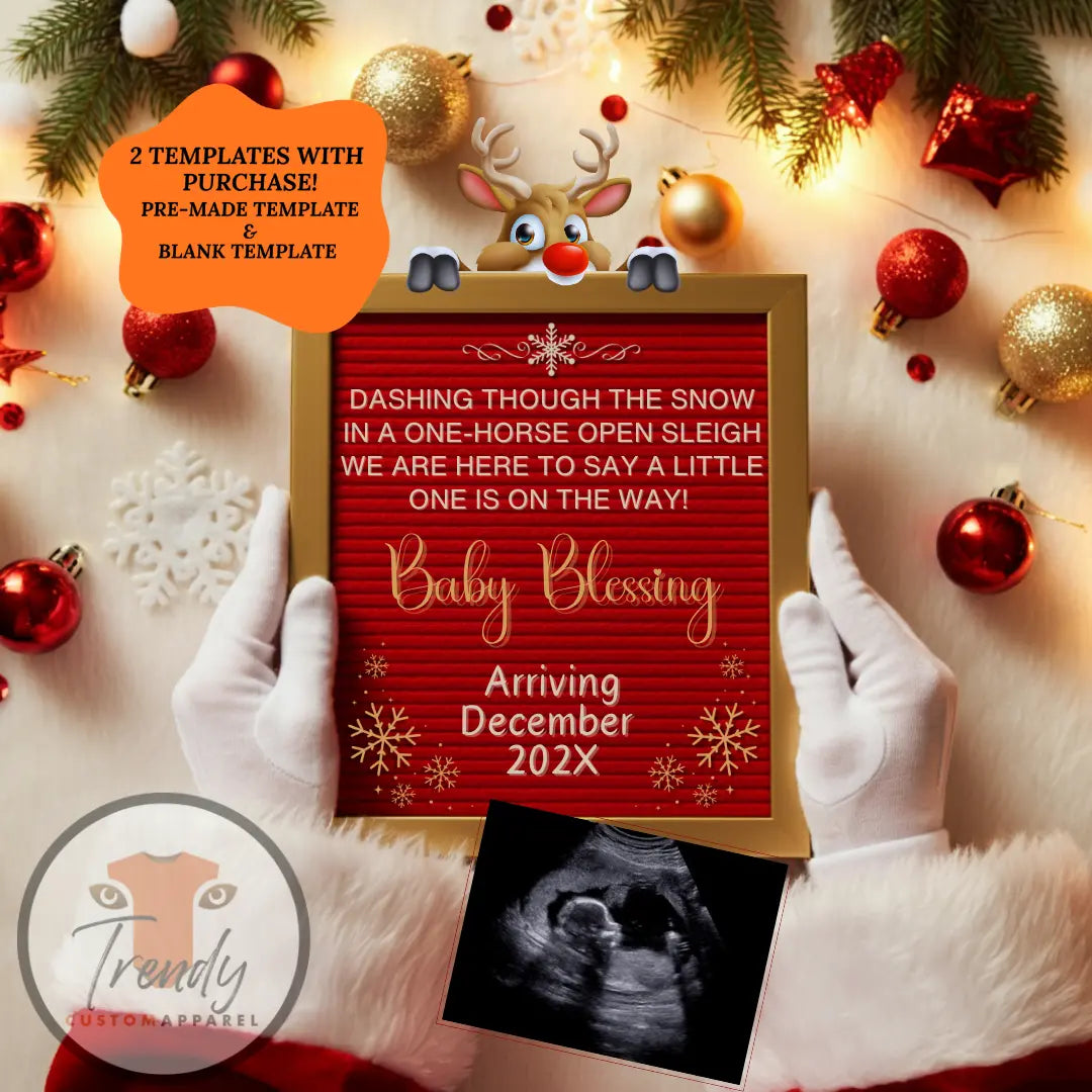 Digital Christmas Pregnancy Announcement, A Little One ison the Way, Customizable Gold Winter Themed, Editable Details Template TrendyCustomApparel™