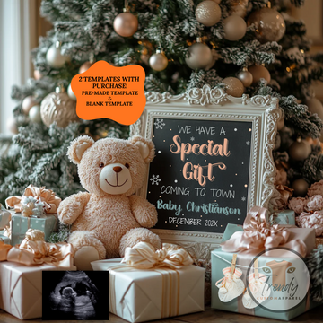 Christmas Pregnancy Announcement Canva Template | Special Gift Teddy Bear Reveal