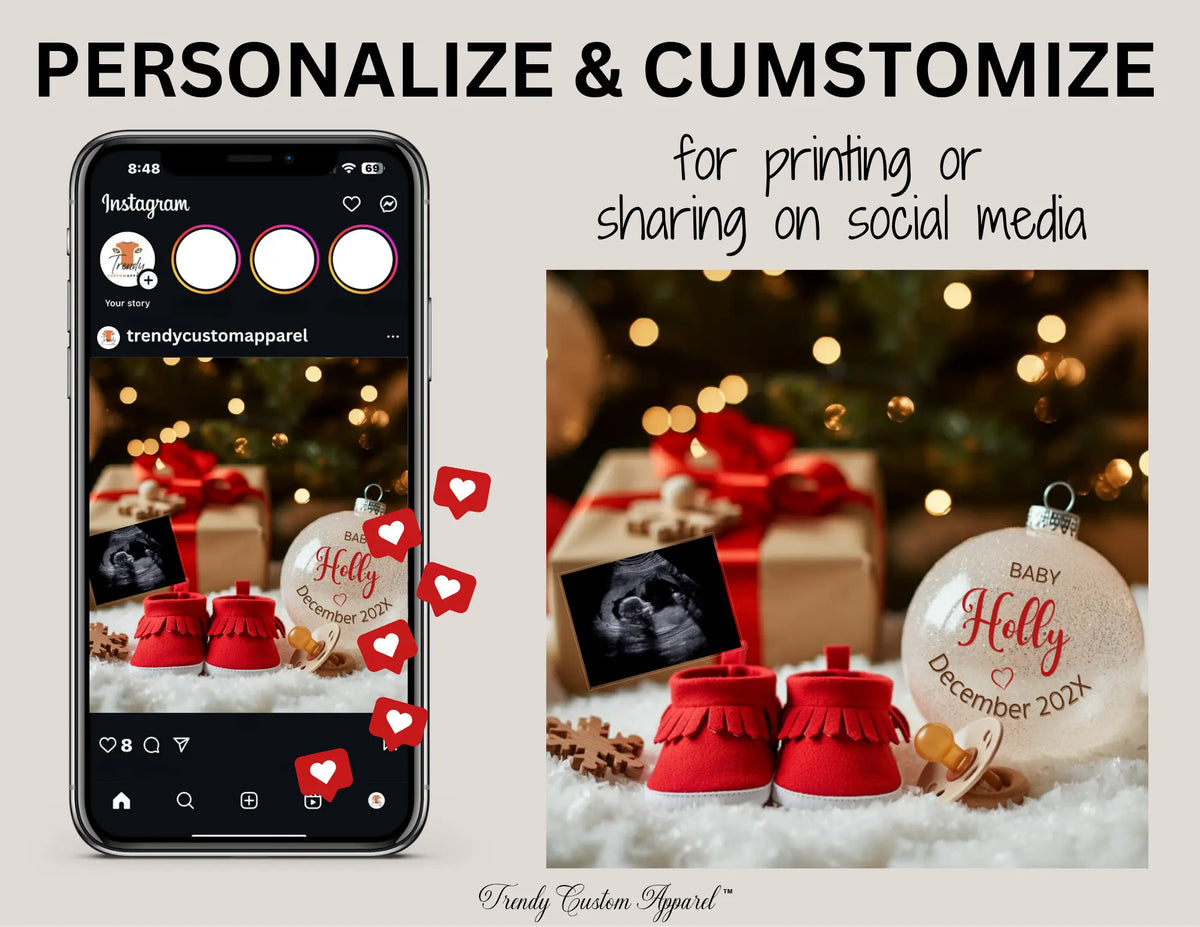 Digital Christmas Pregnancy Announcement, Unisex Baby Last Name Ornament, Customizable Winter Themed, Editable Details Template TrendyCustomApparel™