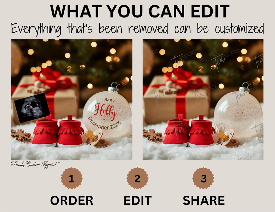 Digital Christmas Pregnancy Announcement, Unisex Baby Last Name Ornament, Customizable Winter Themed, Editable Details Template TrendyCustomApparel™