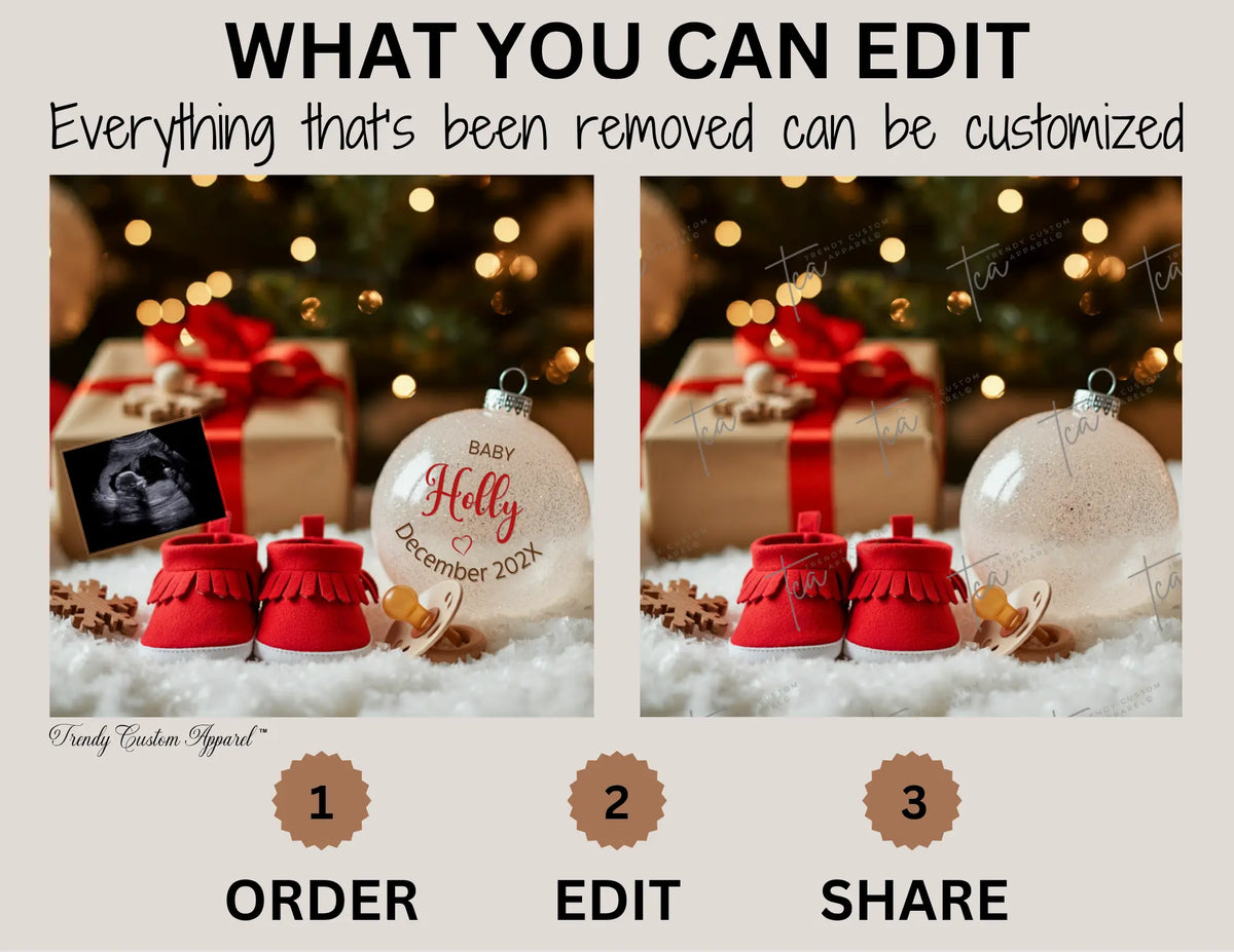 Digital Christmas Pregnancy Announcement, Unisex Baby Last Name Ornament, Customizable Winter Themed, Editable Details Template TrendyCustomApparel™