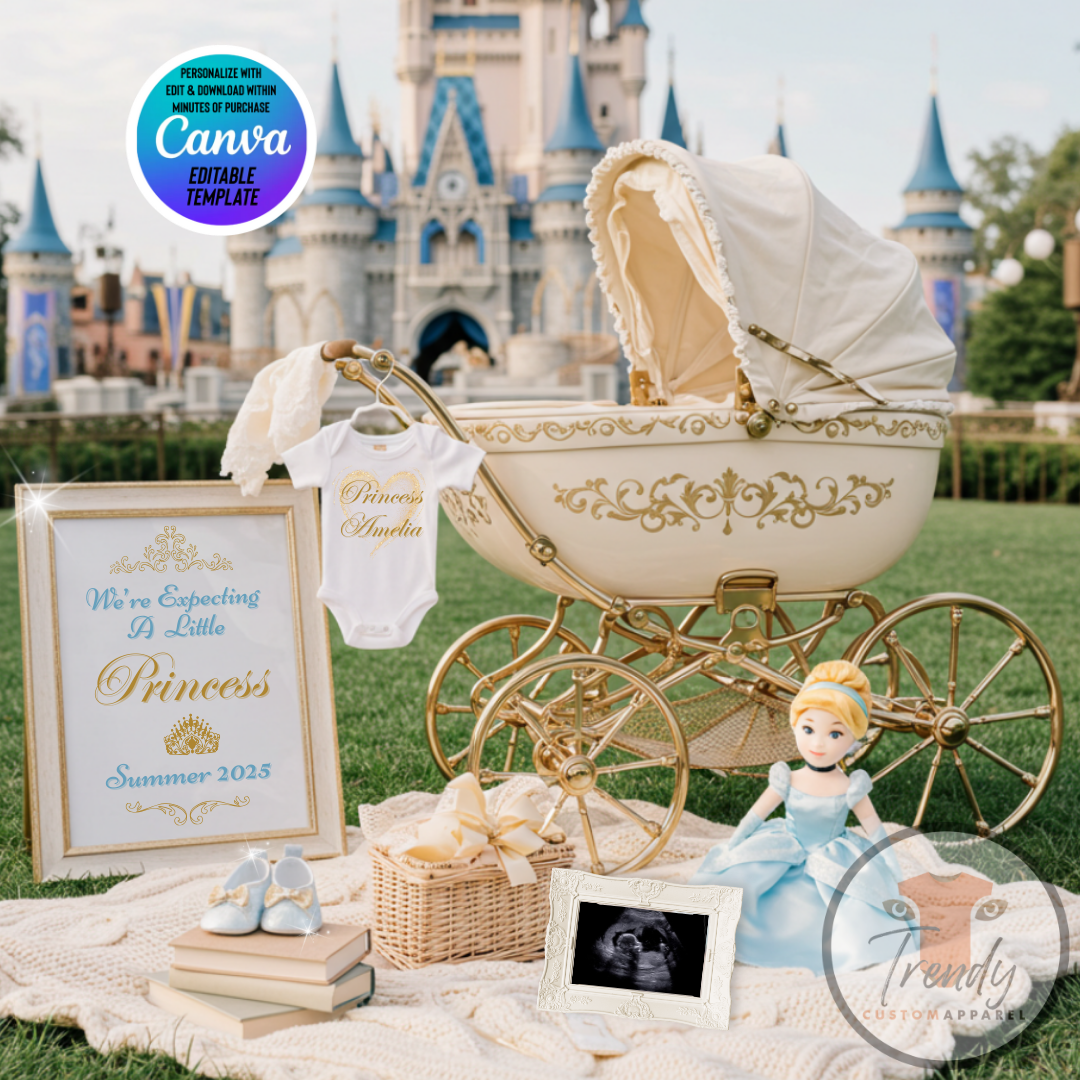 Digital Cinderella Pregnancy Announcement, We’re Expecting A Little Princess, Customizable It’s A Girl Themed, Personalized Editable Template