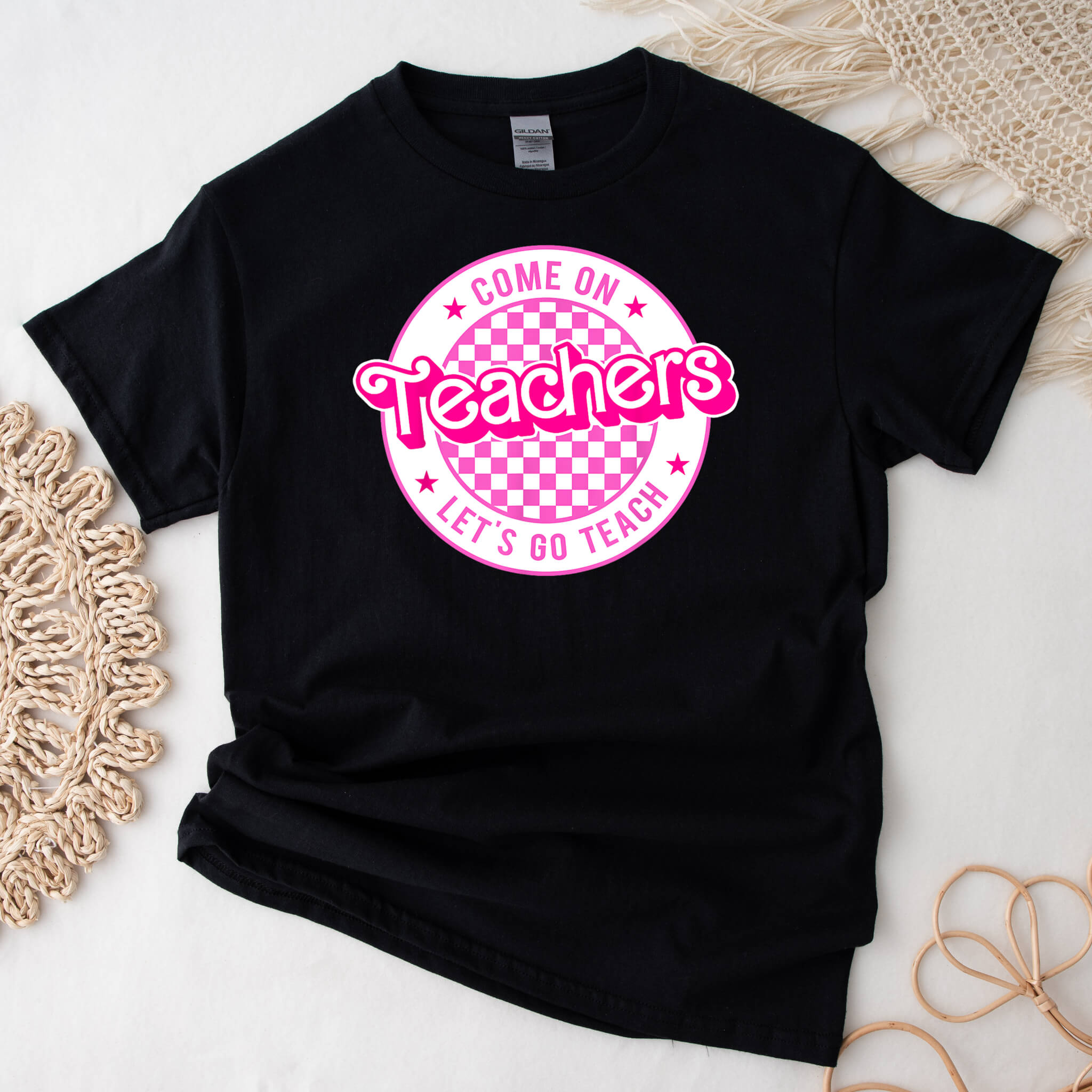 First Day of School Barbie Themed Checkerboard Come on Teachers Let’s Go Teach Women’s Graphic Print T-Shirt