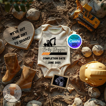 Digital Construction Pregnancy Announcement, We Have Some Dirt to Share, Customizable Heavy Equipment Themed, Personalized Editable Template