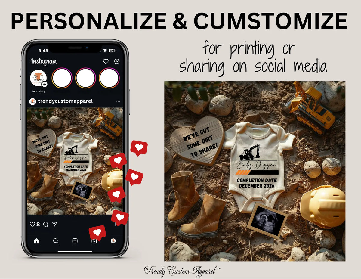 Digital Construction Pregnancy Announcement, We Have Some Dirt to Share, Customizable Heavy Equipment Themed, Editable Details Template TrendyCustomApparel™