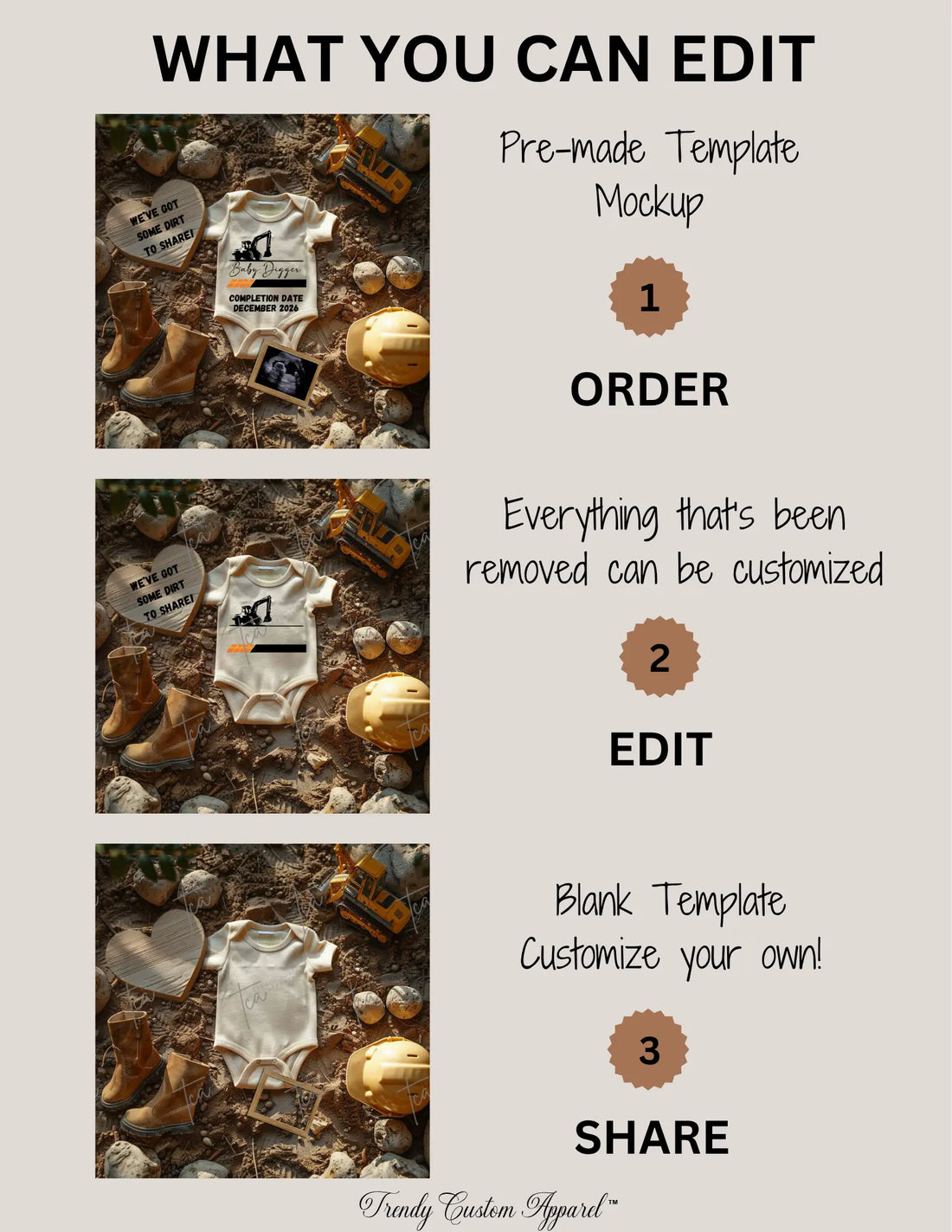 Digital Construction Pregnancy Announcement, We Have Some Dirt to Share, Customizable Heavy Equipment Themed, Editable Details Template TrendyCustomApparel™