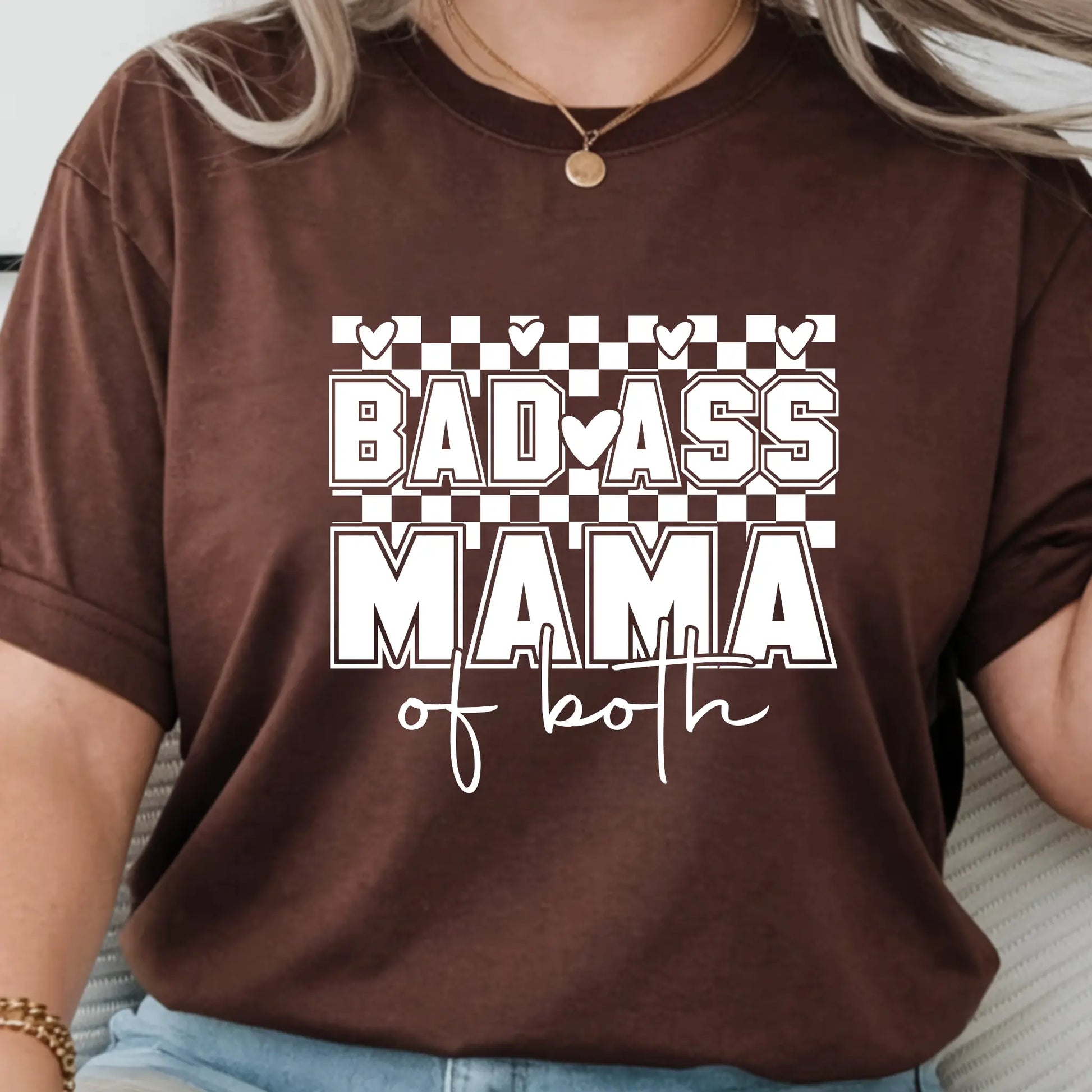 Badass Mama of Both, Girl and Boy Mom, Checkered Women's Graphic Print T-Shirt TrendyCustomApparel™