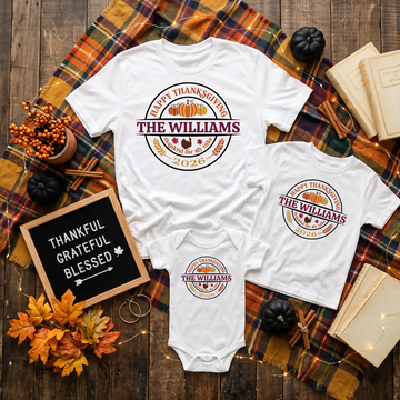 Happy Thanksgiving Personalized Last Name & Year Matching Family Group Graphic Print T-Shirt TrendyCustomApparel™