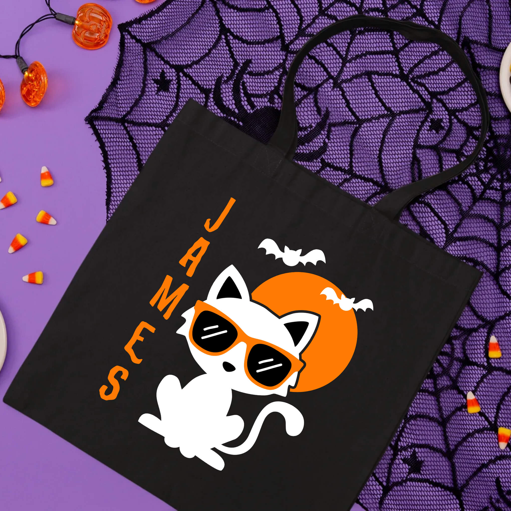 Bolsa De Tela Grande Nombre personalizado de Halloween Caramelo de truco o trato de gato de niño lindo