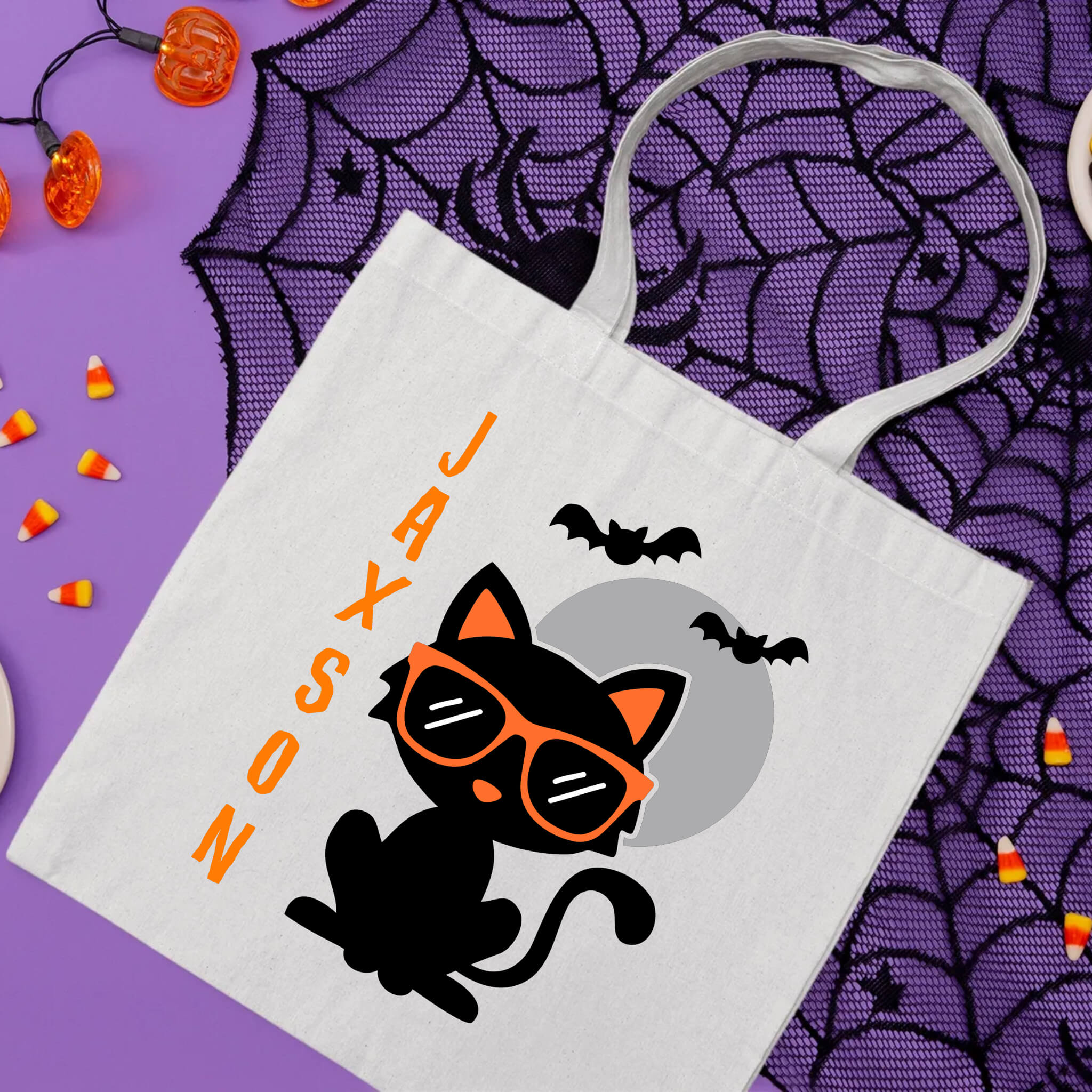 Halloween Personalized Name Cute Boy's Cat Trick or Treat Candy Large Tote Bag