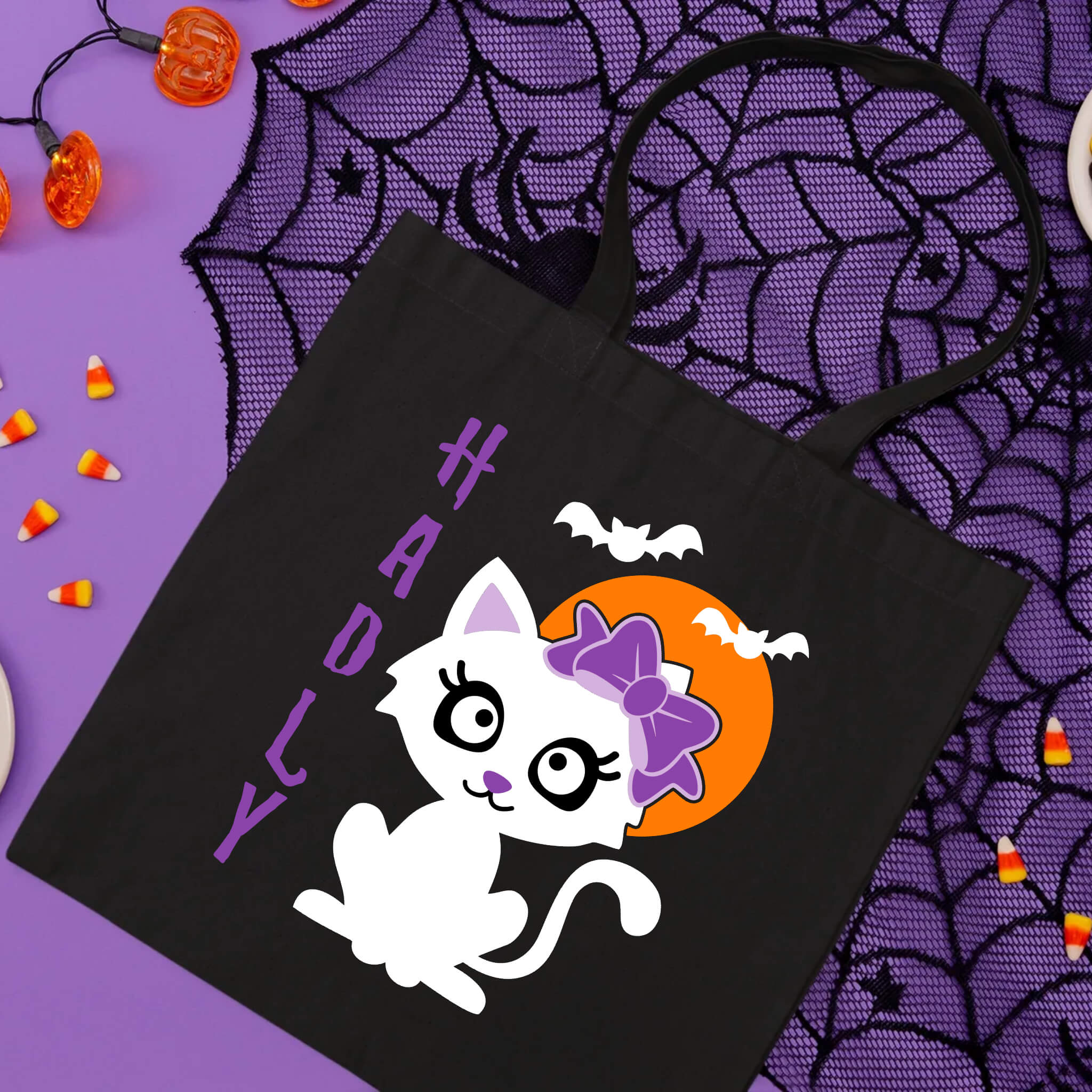 Halloween Personalized Name Cute Girl's Cat Trick or Treat Candy Large Tote Bag
