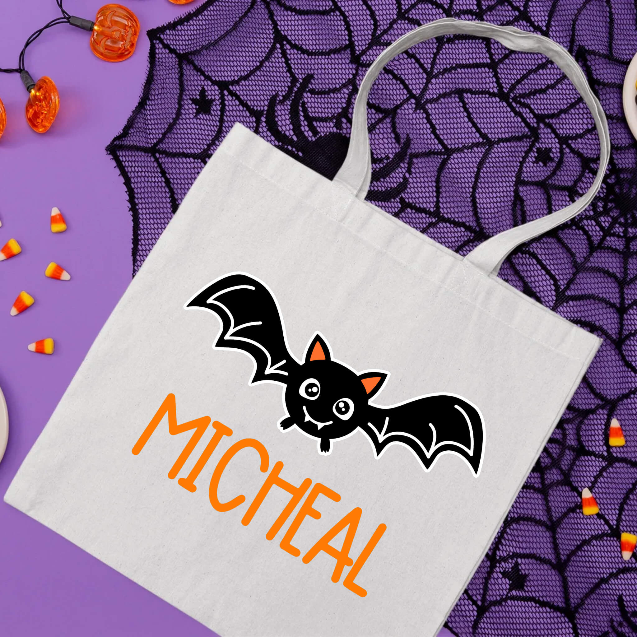 Halloween Personalized Name Cute Kid's Bat Trick or Treat Candy Large Tote Bag