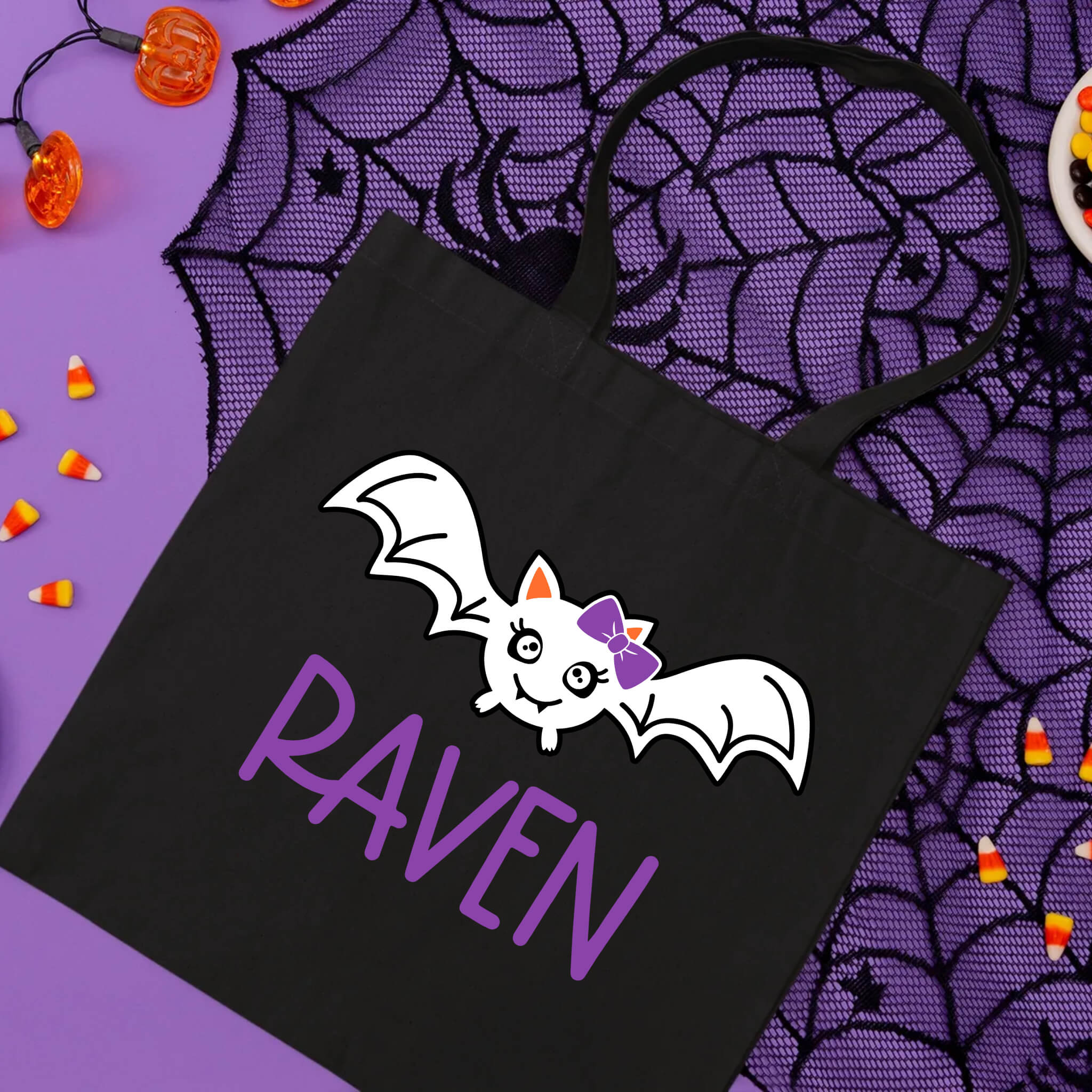 Halloween Personalized Name Cute Kid's Bat Trick or Treat Candy Large Tote Bag