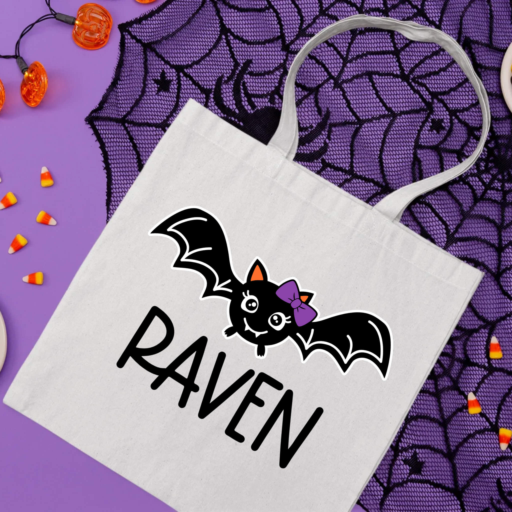 Halloween Personalized Name Cute Kid's Bat Trick or Treat Candy Large Tote Bag