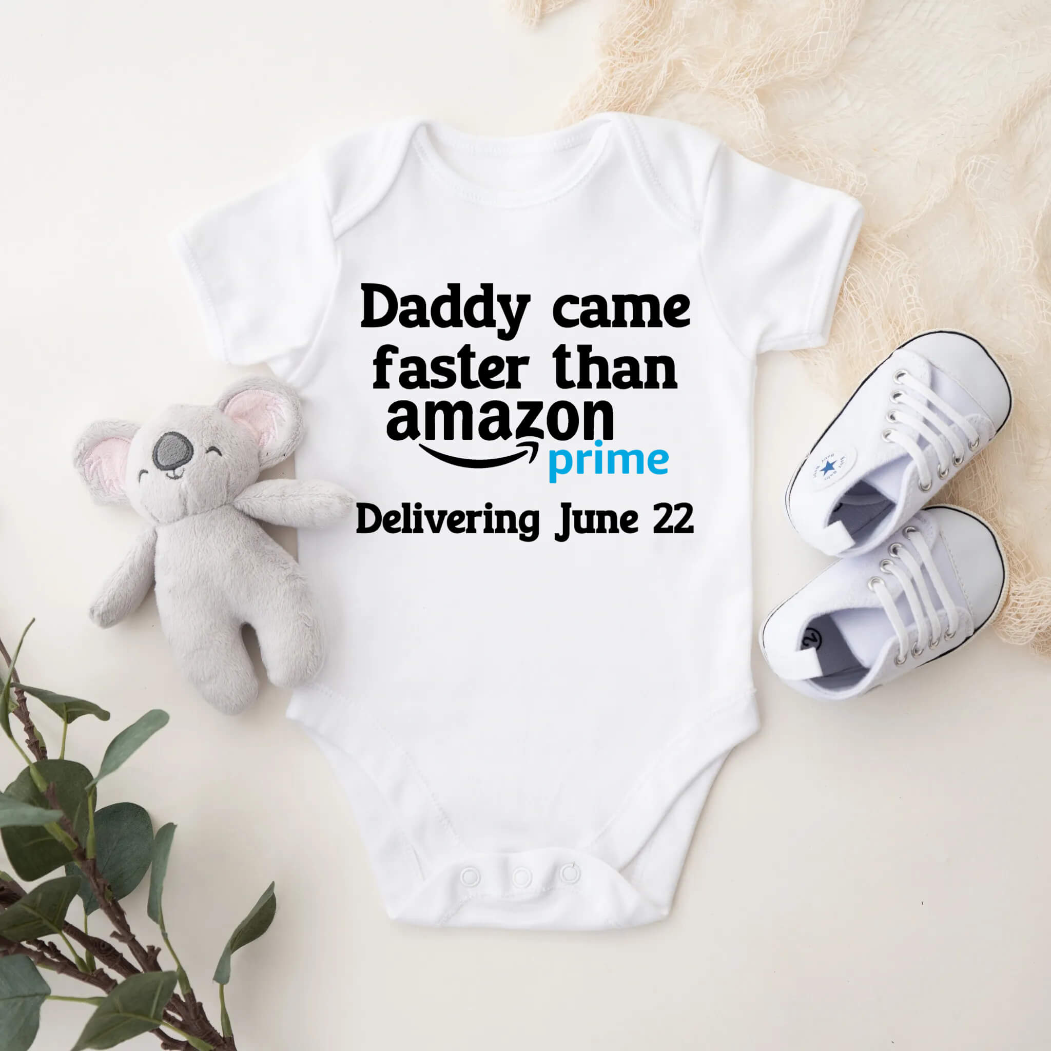 Personalized Pregnancy Announcement, Daddy Came Faster Than Prime Delivery, Dad, Grandma, Grandpa, Auntie, Uncle To Be, Funny Customized Baby Announcement Onesie, Personalized Due Date Onesie Gift Box
