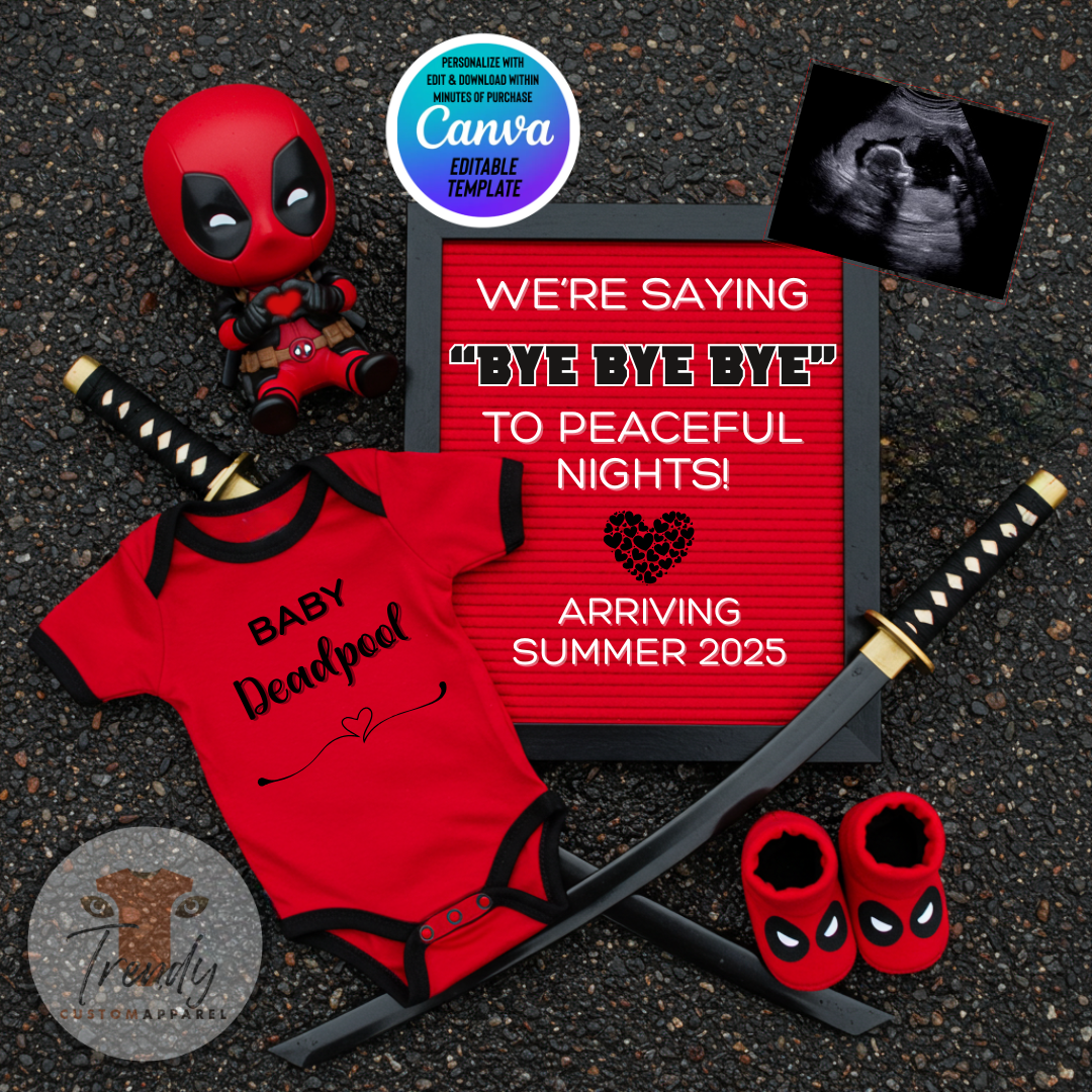 Digital Deadpool Bye Bye Bye Pregnancy Announcement, Customizable Superhero Themed, Personalized Editable Template