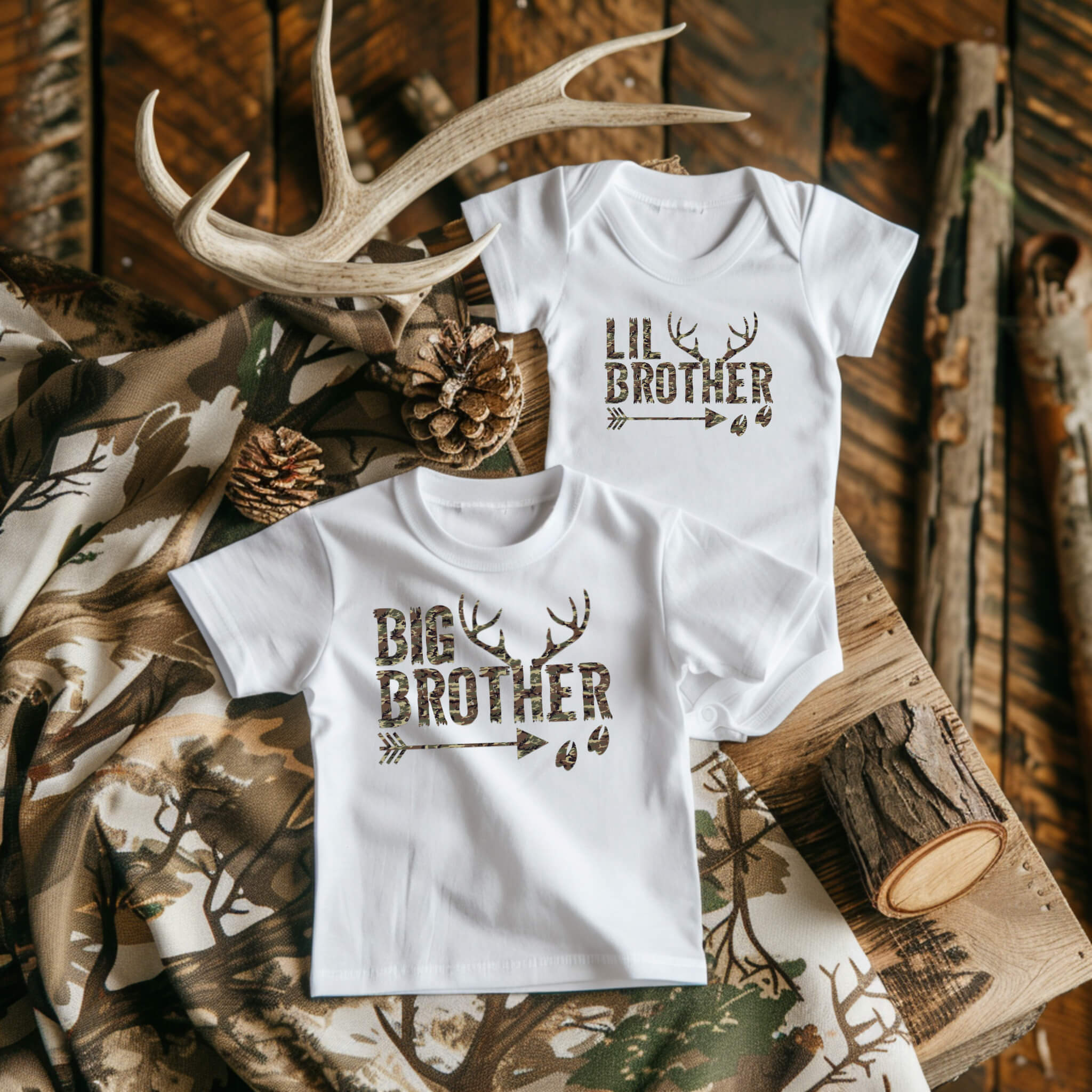 Matching Sibling Hunting Big Brother or Little Brother Baby Onesie, Boy’s Graphic Print T-Shirt